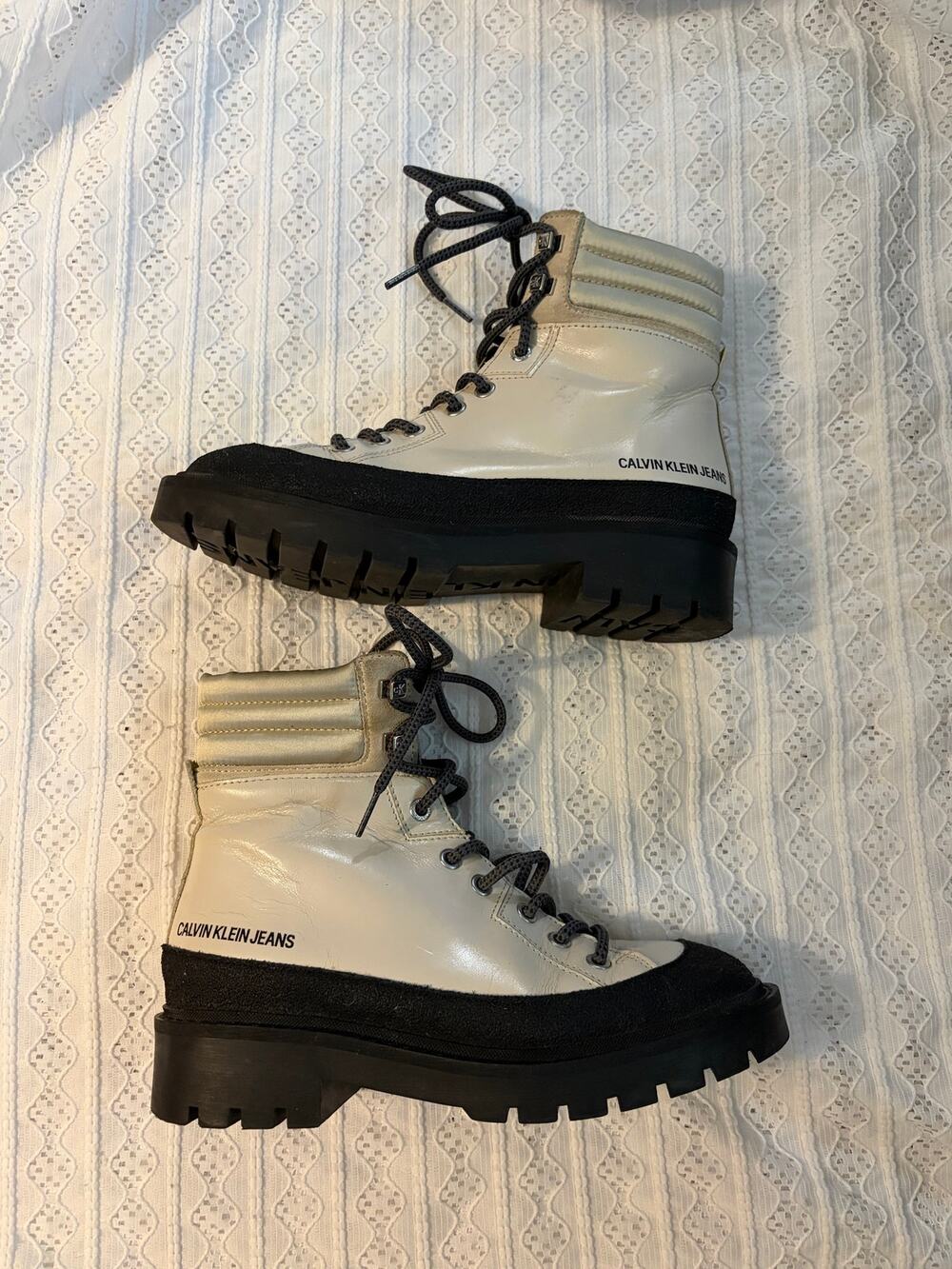 Calvin Klein Jeans Combat Mid Lace Up Lug Sole Platform Boots Ivory Women's 6.5